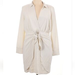 DKNY Long Sleeve Faux Wrap Crepe Shirt Dress, 14, Ivory